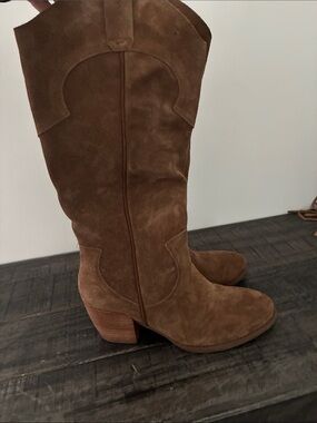 Brown Suede Mid-Calf Western Boots - Women